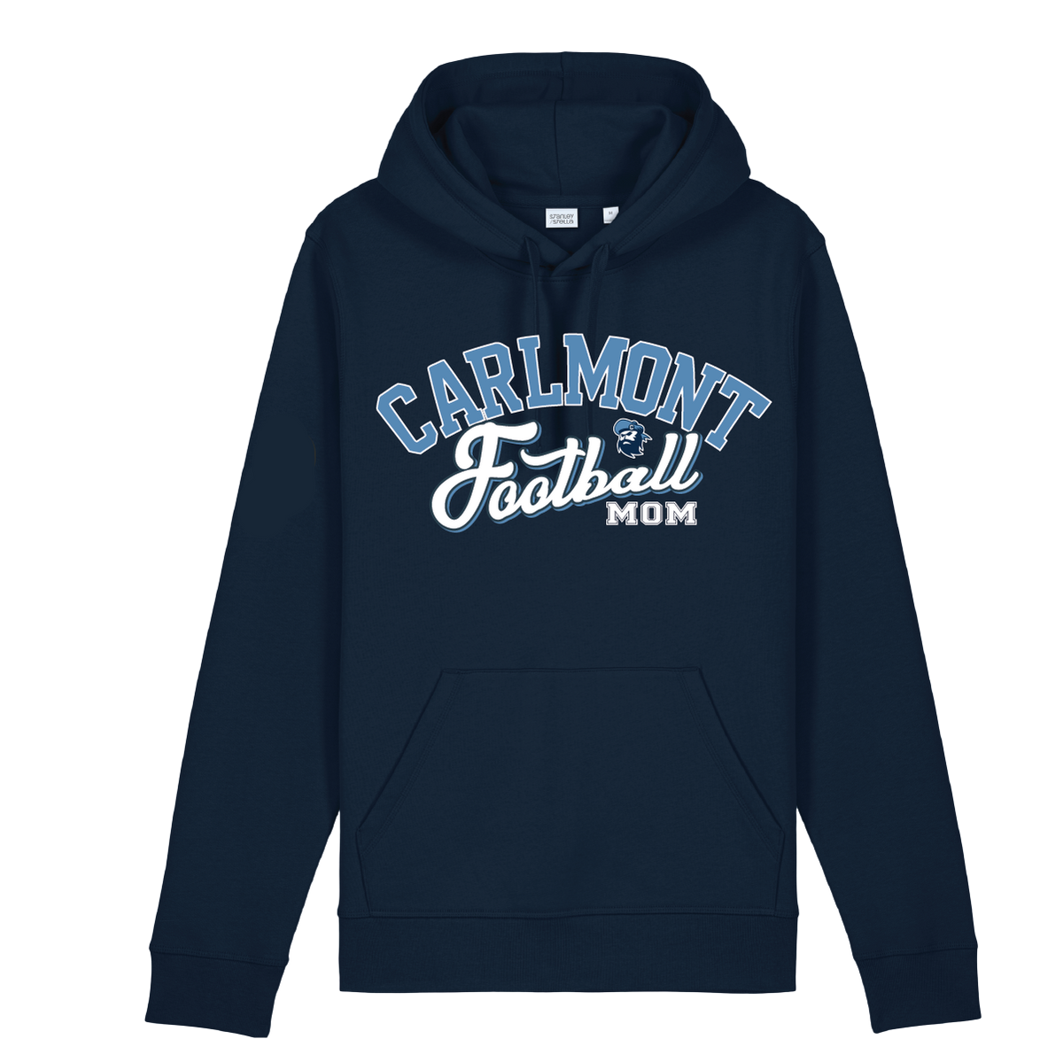 Navy blue hoodie with 'Carlmont Football Mom' text on a white background