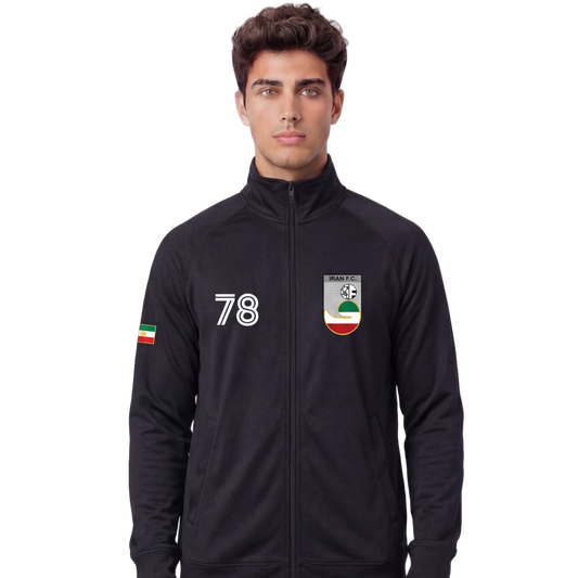 Man wearing a black jacket with a logo and number 78 on a white background