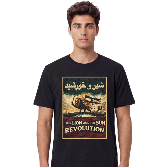 Man wearing a black t-shirt with a graphic design and text.