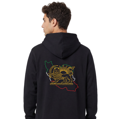 Person wearing a black hoodie with a colorful graphic on the back, standing against a white background