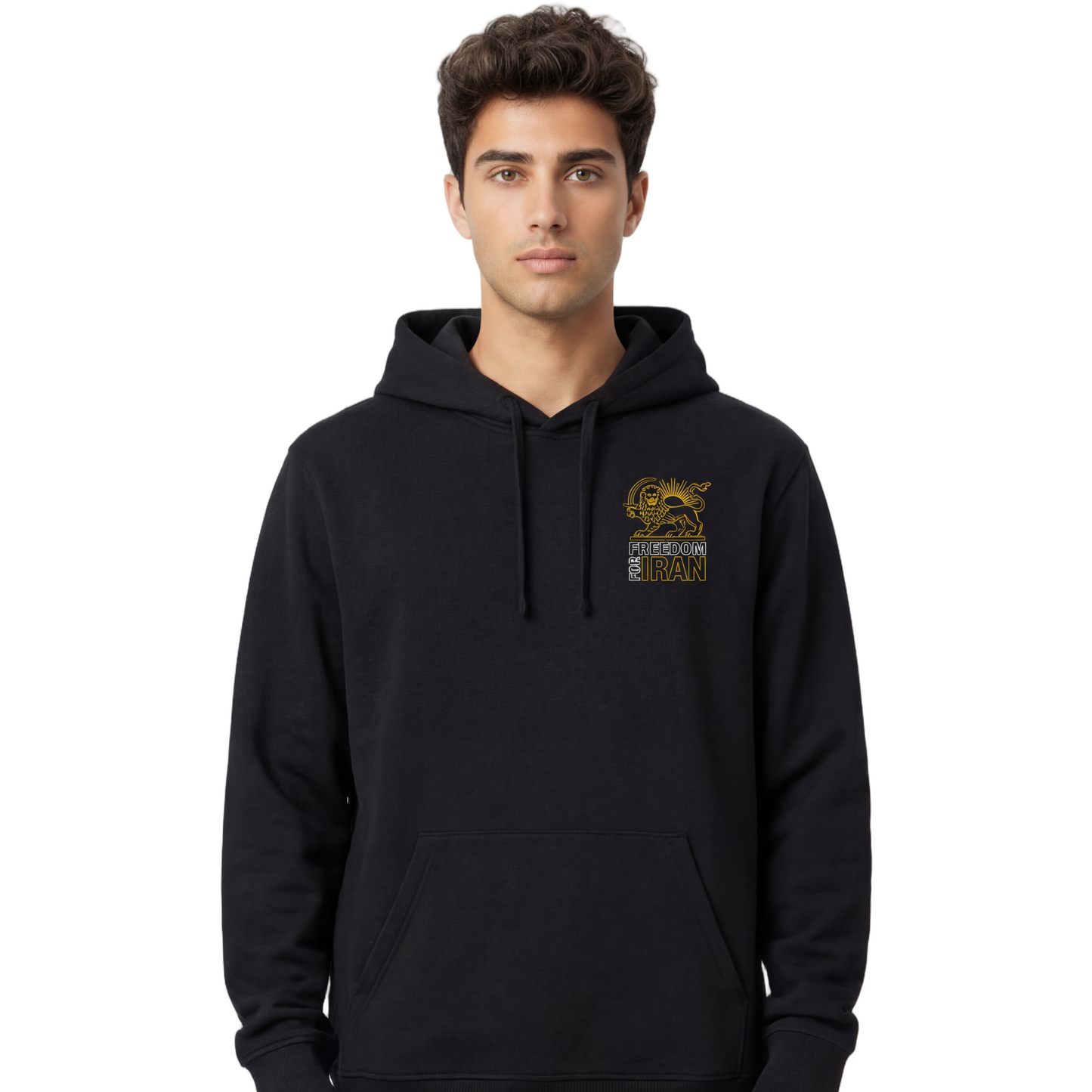 Man wearing a black hoodie with a logo on a white background