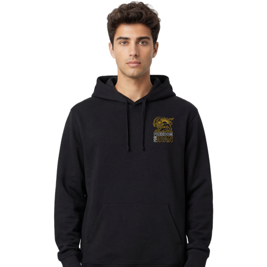 Man wearing a black hoodie with a logo on a white background