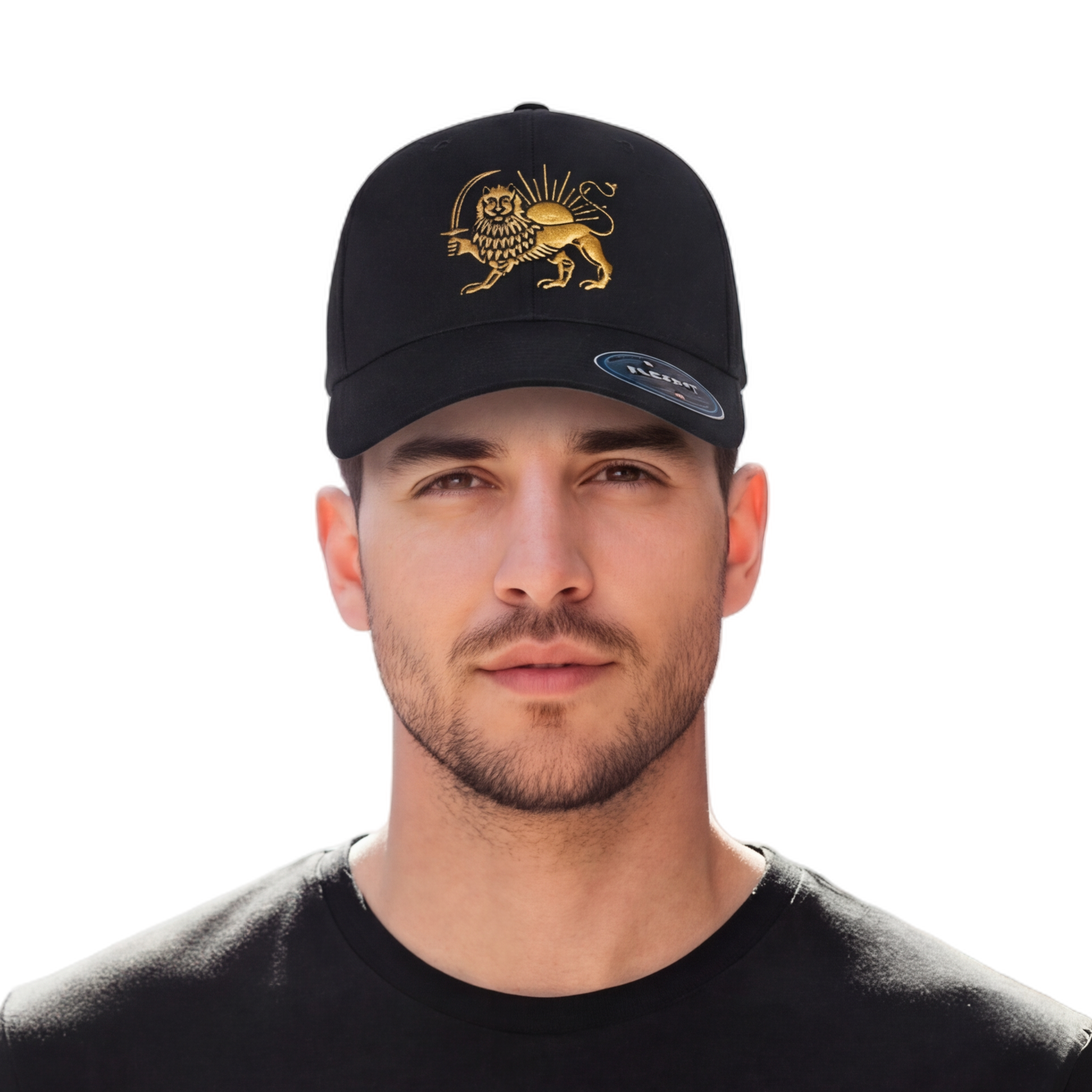Man wearing a black t-shirt and cap with a lion emblem on a white background